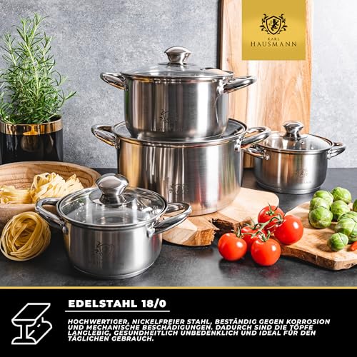 KARL HAUSMANN Lot De 3 Casseroles Induction Inox Premium - Couvercles Verre - Sans Revêtement - Tout Feux - Graduations Intégrées - 1,6L 2,4L 3,6L